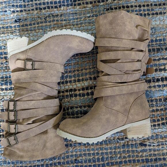 Chunky Heeled Boots Taupe Brown Buckles 8 Strappy Winter Fall Mid Calf High - Picture 7 of 10